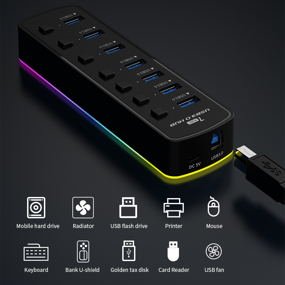 RGB USB 3.0 Hub 7 Ports Data P - đánh giá và giá Esports Gaming Splitter